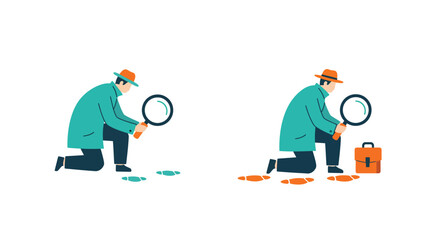 Detective investigating footprints with a magnifying glass a scene of detection