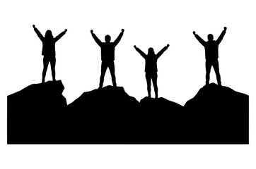 Silhouette of four people standing on mountain peaks with raised arms in victory pose.