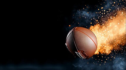 Burning leather football trailing fiery smoke, dramatic sports concept with blazing dark motion against background video 4k