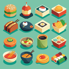Vibrant isometric food icons collection vector graphic elements food art