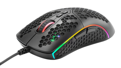Ergonomic black gaming computer mouse with colorful rgb lighting, isolated on transparent background