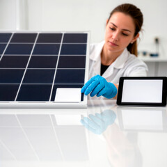 Laboratory technician inspecting solar panel sample with tablet on bench. Space for text.