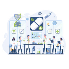 A team of scientists and doctors working in a lab, conducting research medicine, and biology, with large capsule and heartbeat elements