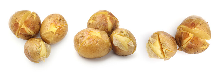 Tasty baked potatoes on white background, collage. Top and side view