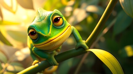 Charming cartoon chameleon perched on a leafy branch, with bright green and yellow colors, expressive eyes, and a playful, curious expression in a sunny jungle.