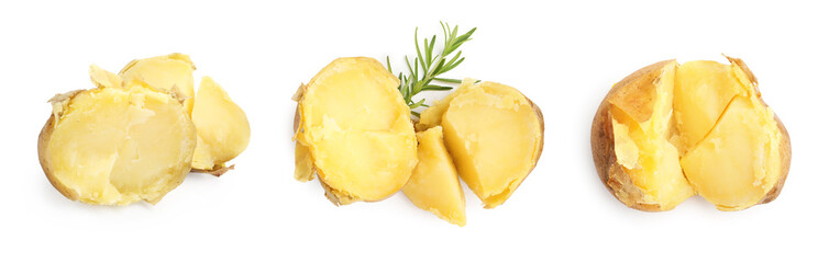 Tasty baked potatoes on white background, collage