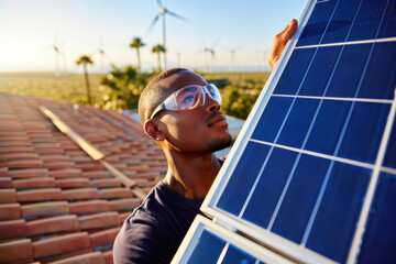 Rooftop technician inspecting solar panel in warm daylight with wind turbines in background.
