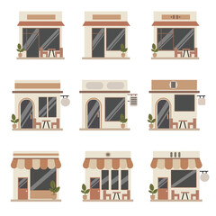 A set of various simple storefronts, including cafes and shops with different awning and door designs, ideal for depicting small business, local commerce, and retail concepts