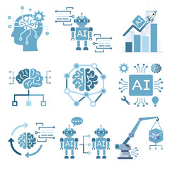 A collection of various technology icons and symbols representing Artificial Intelligence (AI), robotics, brain power, data analysis, and modern digital innovation concepts