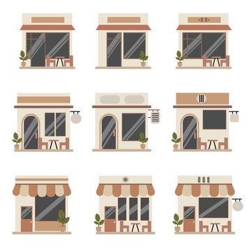 A set of various simple storefronts, including cafes and shops with different awning and door designs, ideal for depicting small business, local commerce, and retail concepts