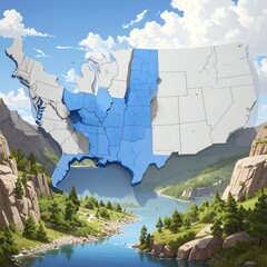 USA map highlighting a region, with a scenic landscape in the foreground