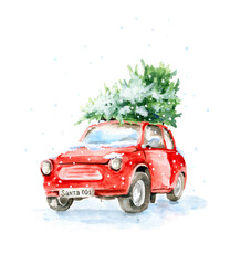 Red retro car with a christmas tree in the trunk on the roof. Christmas card in watercolor drawing with Santa's car, hand drawn author's drawing.