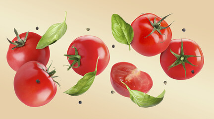 Fresh tomatoes, basil leaves and peppercorns flying on dark beige background