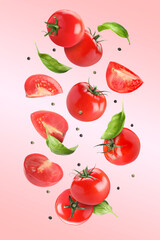 Fresh tomatoes, basil leaves and peppercorns flying on pink gradient background