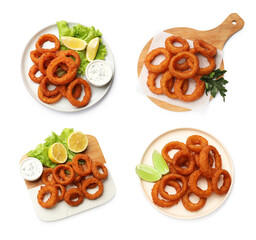 Yummy fried squid rings on white background, set. Top view