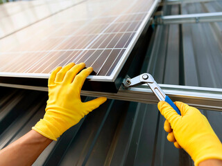 Worker tightening rooftop solar panel mount with wrench.
