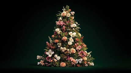The Christmas tree is composed of flowers and leaves, set against a deep green background, with photo-realistic and cinematic style, highlighting its detailed design and festive atmosphere.