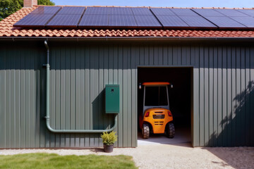 Residential garage with rooftop solar array and exterior conduit leading to wall electrical cabinet.