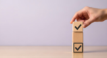 Checklist Wooden Blocks Hand Placing Success Horizontal Copy Space