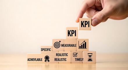 KPI SMART Goals Business Strategy Hand Wooden Blocks Management Copy Space