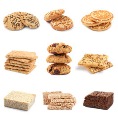 Gritty of seedy food texture. Collection of cookies, crackers and puffed rice bars on white background