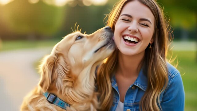 A joyous young woman laughs as her affectionate golden retriever licks her face, sharing a loving moment outdoors in the warm sunlight