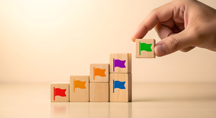 Goal Success Steps Hand Placing Block Colorful Flags Copy Space