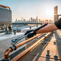 Rooftop technician tightening copper pipe with torque wrench at HVAC units.