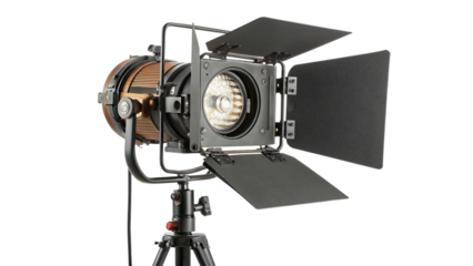 Professional film light with barn doors, isolated on transparent background