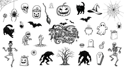 Obraz premium Halloween-themed vector illustrations featuring spooky icons on transparent background 