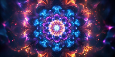 Colorful Neon Mandala Pattern with Blue Purple and Orange Hues for Digital Art and Visual Design