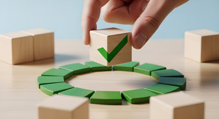 Hand Placing Green Checkmark Solution Concept With Copy Space
