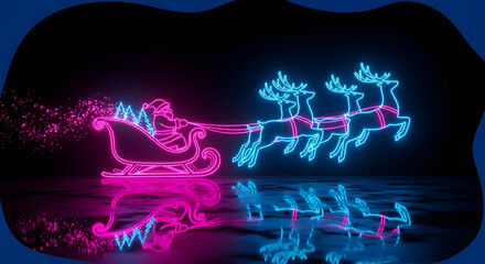 Neon santa claus in a sleigh with reindeer flying through the night sky, casting a vibrant reflection on the ground, creating a magical and festive atmosphere