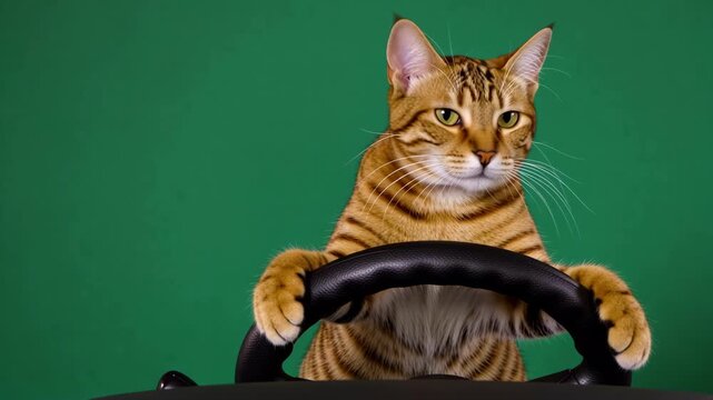 A whimsical and humorous portrayal of an adorable striped cat intently holding a steering wheel against a vibrant green screen, ready for a fun adventure on the road, perfect for creative projects