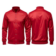 Front and back view of a vibrant red bomber jacket with silver snap buttons and ribbed trim