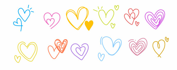 Valentine day icon set. Collection of cute hand drawn stickers with hearts