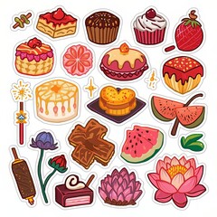 Delicious Asian Sweets and Festive Food Sticker Pack with Cakes and Lotus Flowers