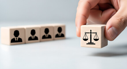 Justice Law Ethics Equality Hand Placing Scales Wooden Cubes Copy Space