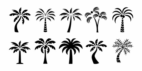 Collection of diverse black silhouette palm tree icons for tropical and vacation themes