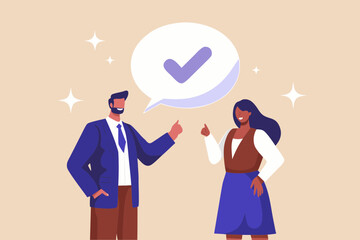 Two happy business people giving thumbs up with a checkmark in a speech bubble above them