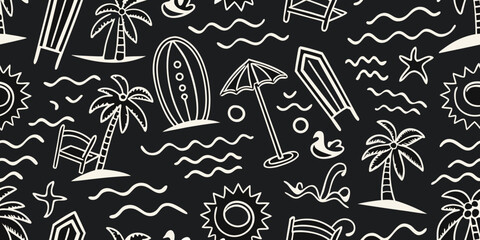 Whimsical hand drawn summer beach vacation pattern with palm trees surfboards and sun