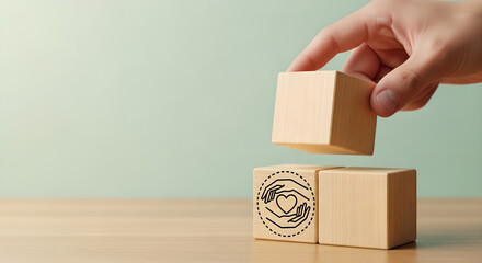 Hand Placing Care Support Community Wooden Blocks Graphic Copy Space
