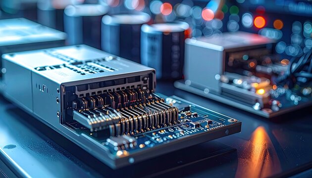 Closeup of Circuit Board with Electronic Components and Metallic Housings Against a Blurred Background