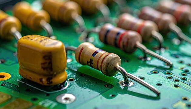 Closeup of Resistors on Green Circuit Board with Detailed Macro Perspective