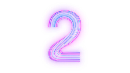 Number 2 with electric blue and violet glowing neon light on transparent background with alpha channel, part of a matching 0–9 sci-fi number set, static digital illustration, futuristic design