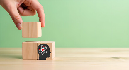 Human Brain Atom Symbol Science Education Innovation Wooden Blocks Copy Space Green