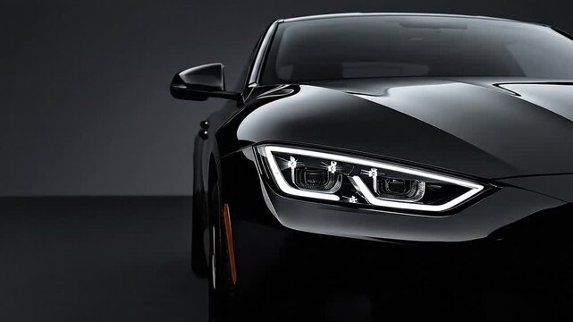 A captivating close-up shot of the front section of a sleek, dark-colored automobile, meticulously showcasing its modern and sophisticated design. The intricate, bright LED headlights illuminate power