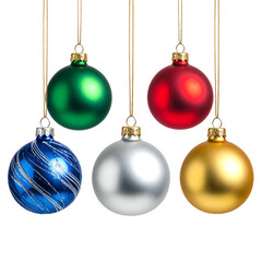 Five colorful, round ornaments hanging by gold strings against a black background