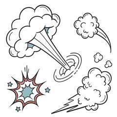 Cartoon smoke clouds white steam and vapor puffs, explosion and dust swirl elements, fog and mist shapes, comic style air blast game graphics, gas trail, fume ring. Vector isolated set