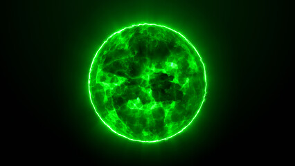 Green glowing sphere on a black background. Abstract energy orb or planet with bright green glow. Perfect for digital art, futuristic visuals, sci-fi designs, technology backgrounds, and modern creati